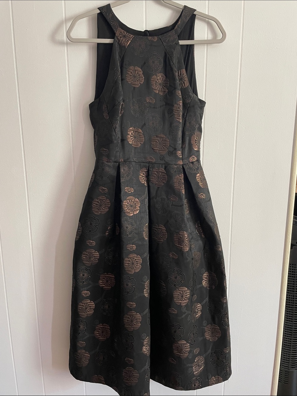 Anthropologie Black Dress with Bronze Floral Jacquard